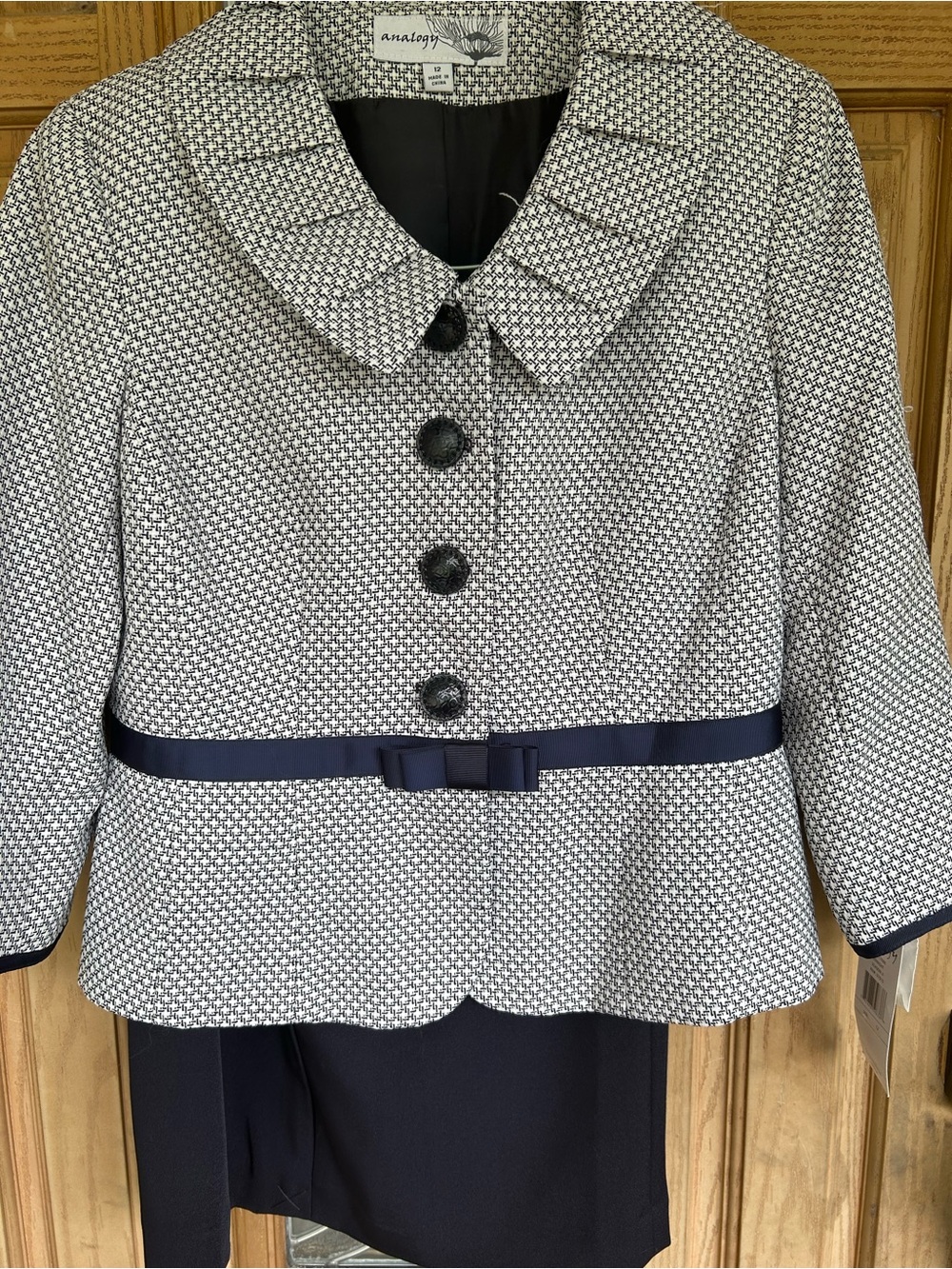 NWT Analog Navy & White Geometric Cropped Jacket Skirt Set w/Navy Ribbon 12